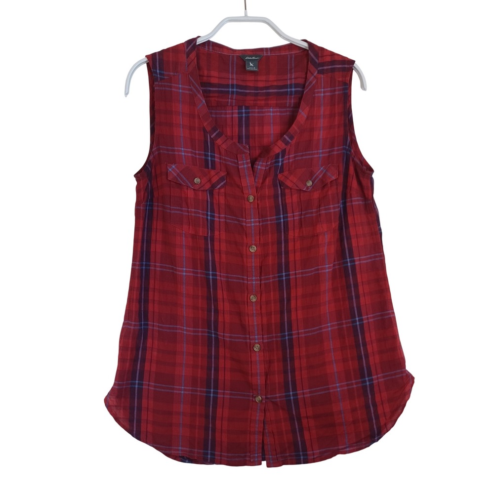 Eddie Bauer Womens Red Plaid Sleeveless Button Down Shirt Small Cotton Blend